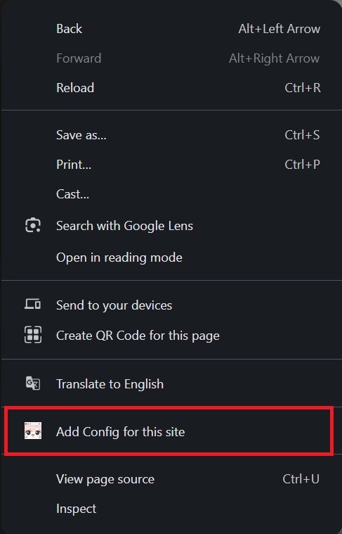 Right-click context menu showing 'Add Config for this site' option from Danmaku Anywhere