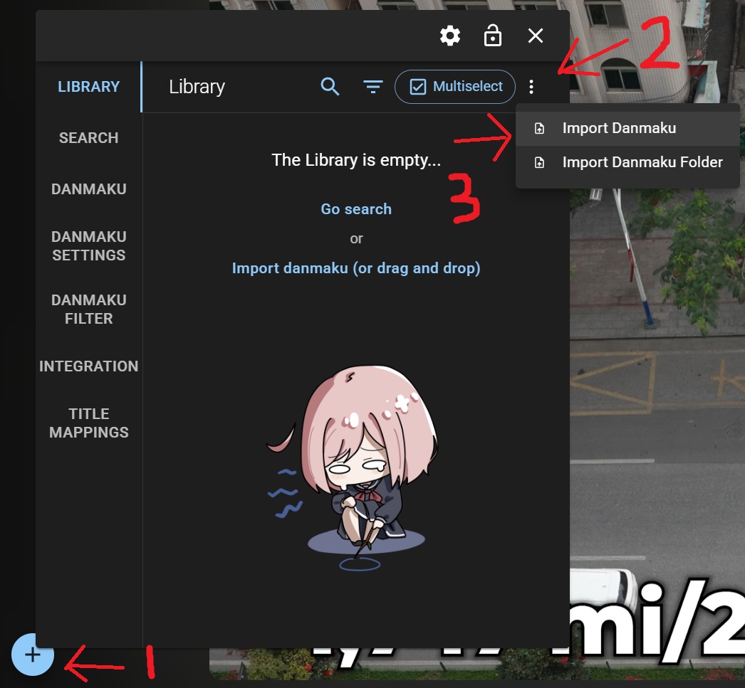 Danmaku Anywhere panel showing how to import danmaku: click the + icon, then the three-dot menu, then Import Danmaku