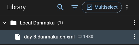 Danmaku Anywhere library showing imported danmaku file under Local Danmaku